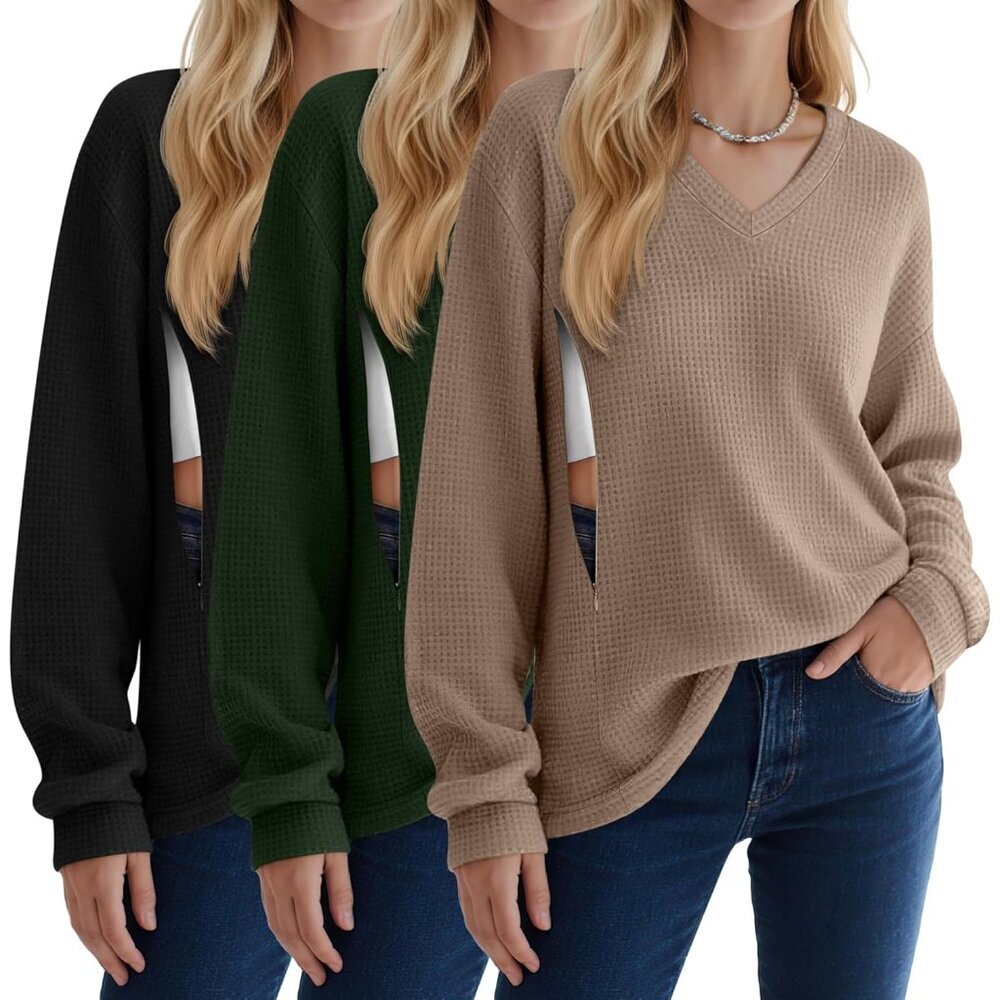 3 Pack Women's Oversized Nursing Tops Waffle Knit V Neck Long Sleeve